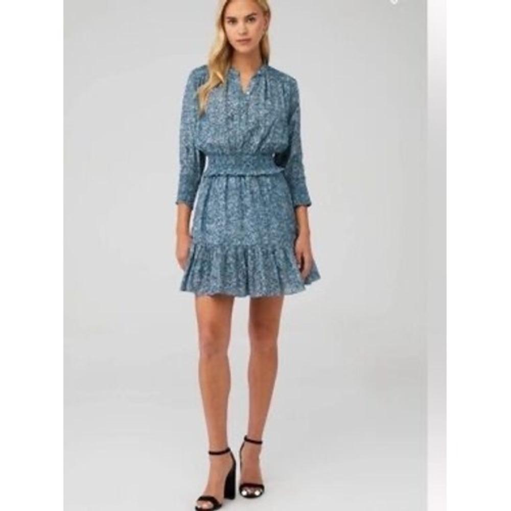 Rebecca Minkoff Blue Speckled Smocked Waist Ruffle Mini Dress XL